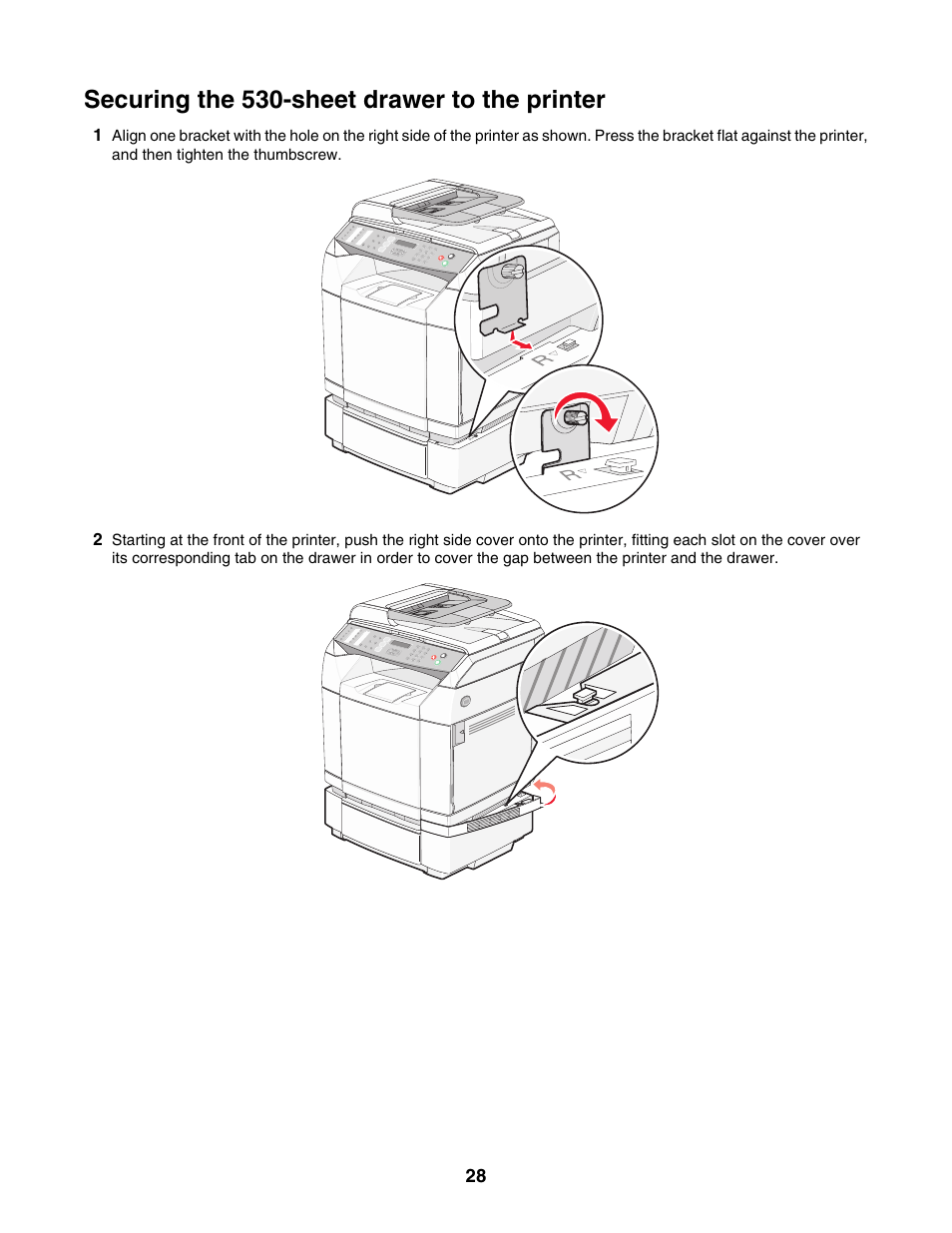Securing the 530-sheet drawer to the printer | Lexmark X500N User Manual | Page 28 / 150