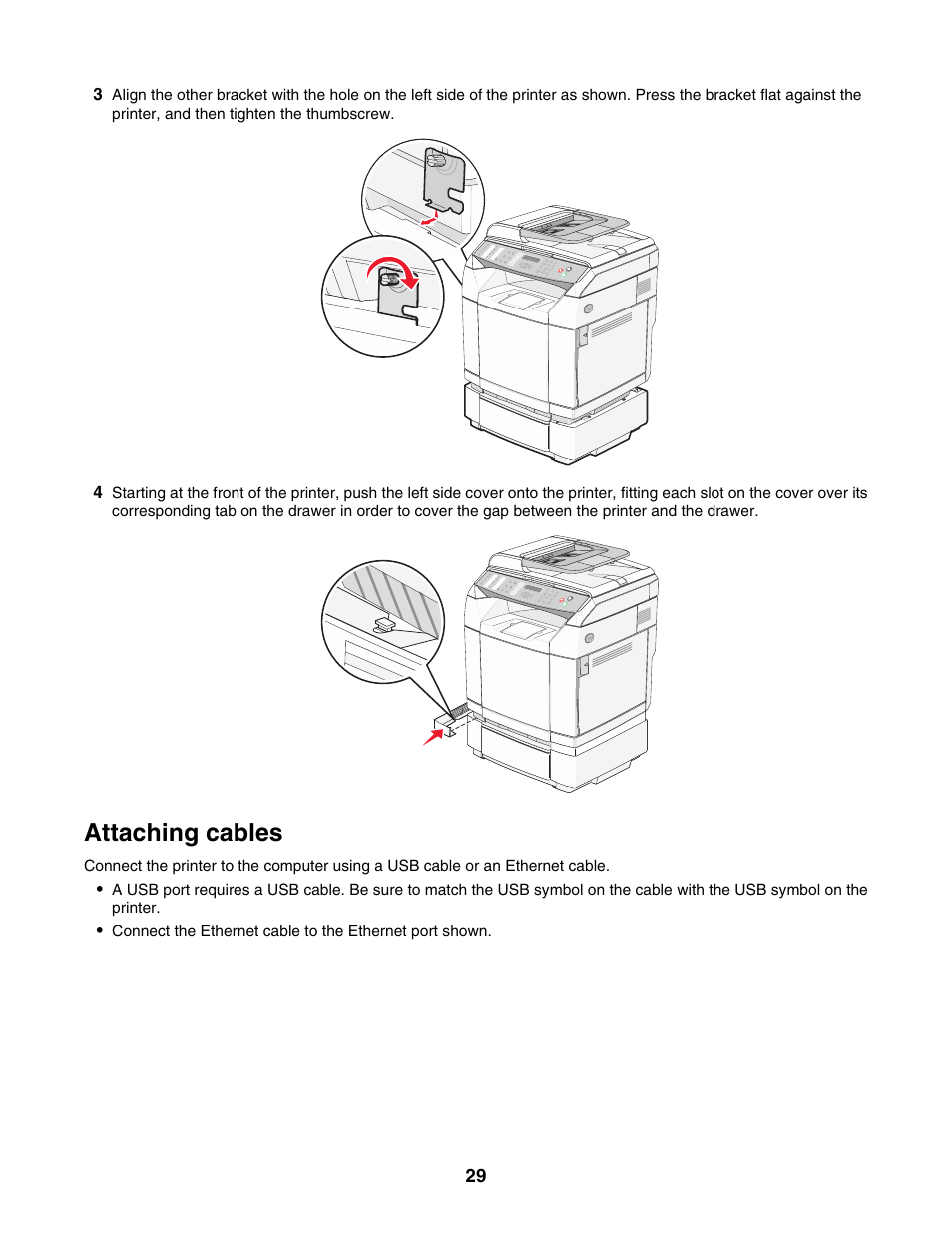 Attaching cables | Lexmark X500N User Manual | Page 29 / 150