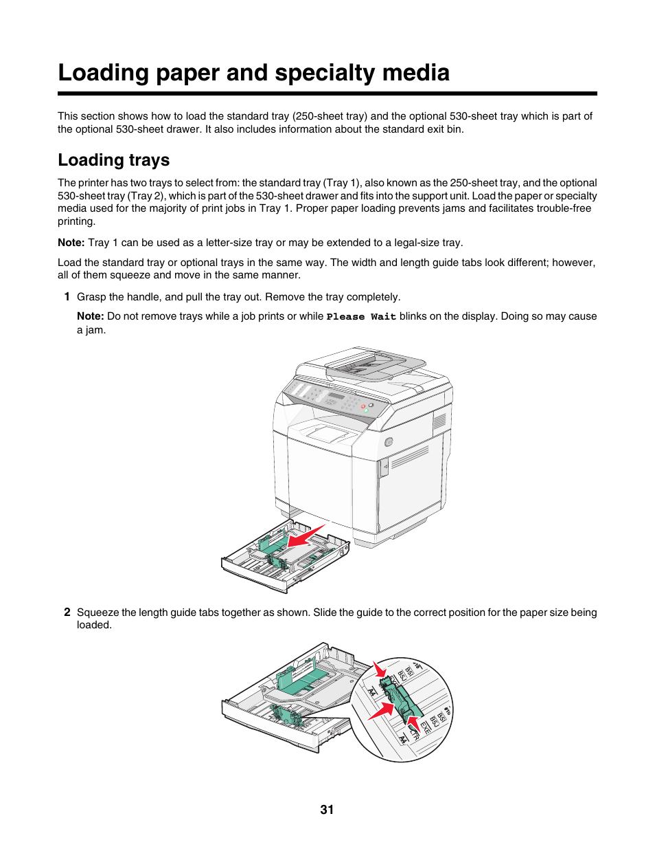 Loading paper and specialty media, Loading trays | Lexmark X500N User Manual | Page 31 / 150