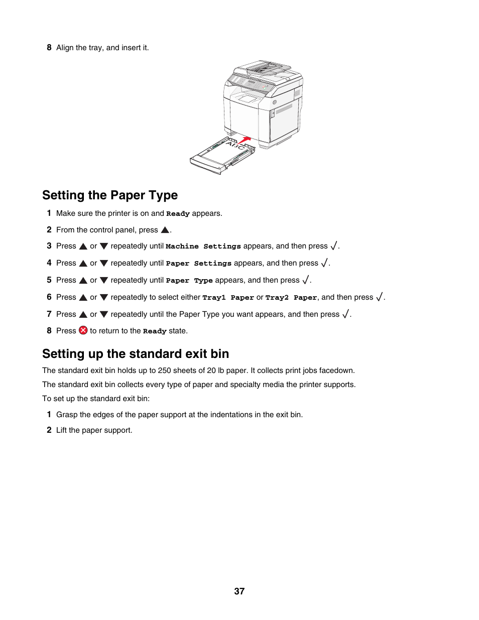 Setting the paper type, Setting up the standard exit bin | Lexmark X500N User Manual | Page 37 / 150