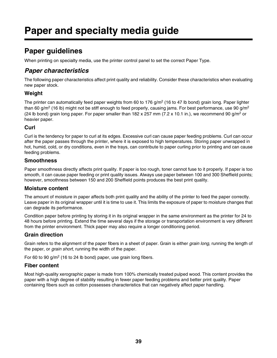Paper and specialty media guide, Paper guidelines, Paper characteristics | Lexmark X500N User Manual | Page 39 / 150