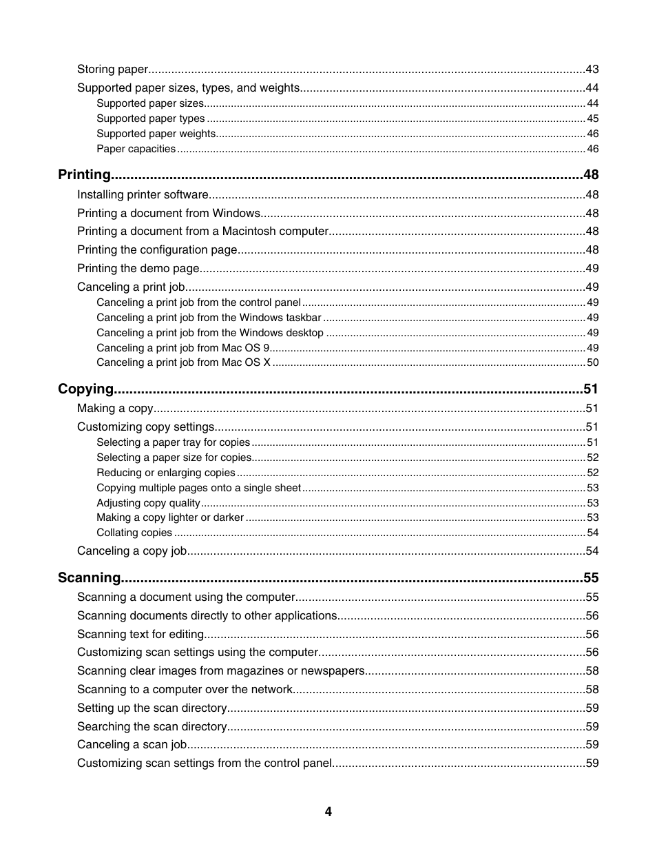 Printing, Copying, Scanning | Lexmark X500N User Manual | Page 4 / 150