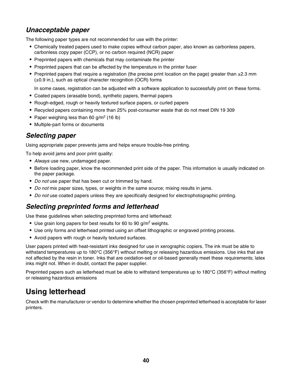 Unacceptable paper, Selecting paper, Selecting preprinted forms and letterhead | Using letterhead | Lexmark X500N User Manual | Page 40 / 150