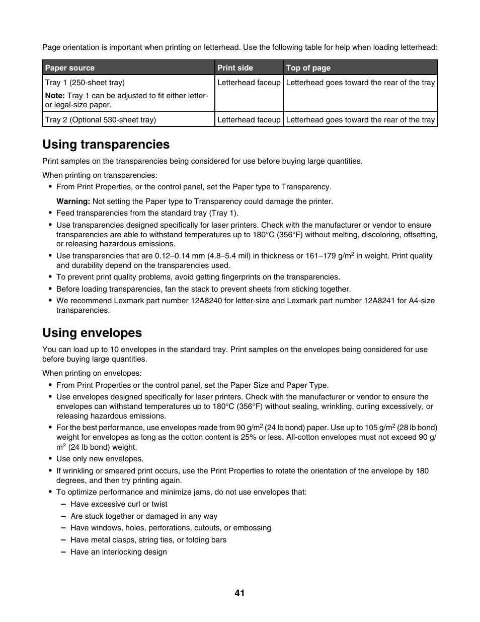 Using transparencies, Using envelopes | Lexmark X500N User Manual | Page 41 / 150