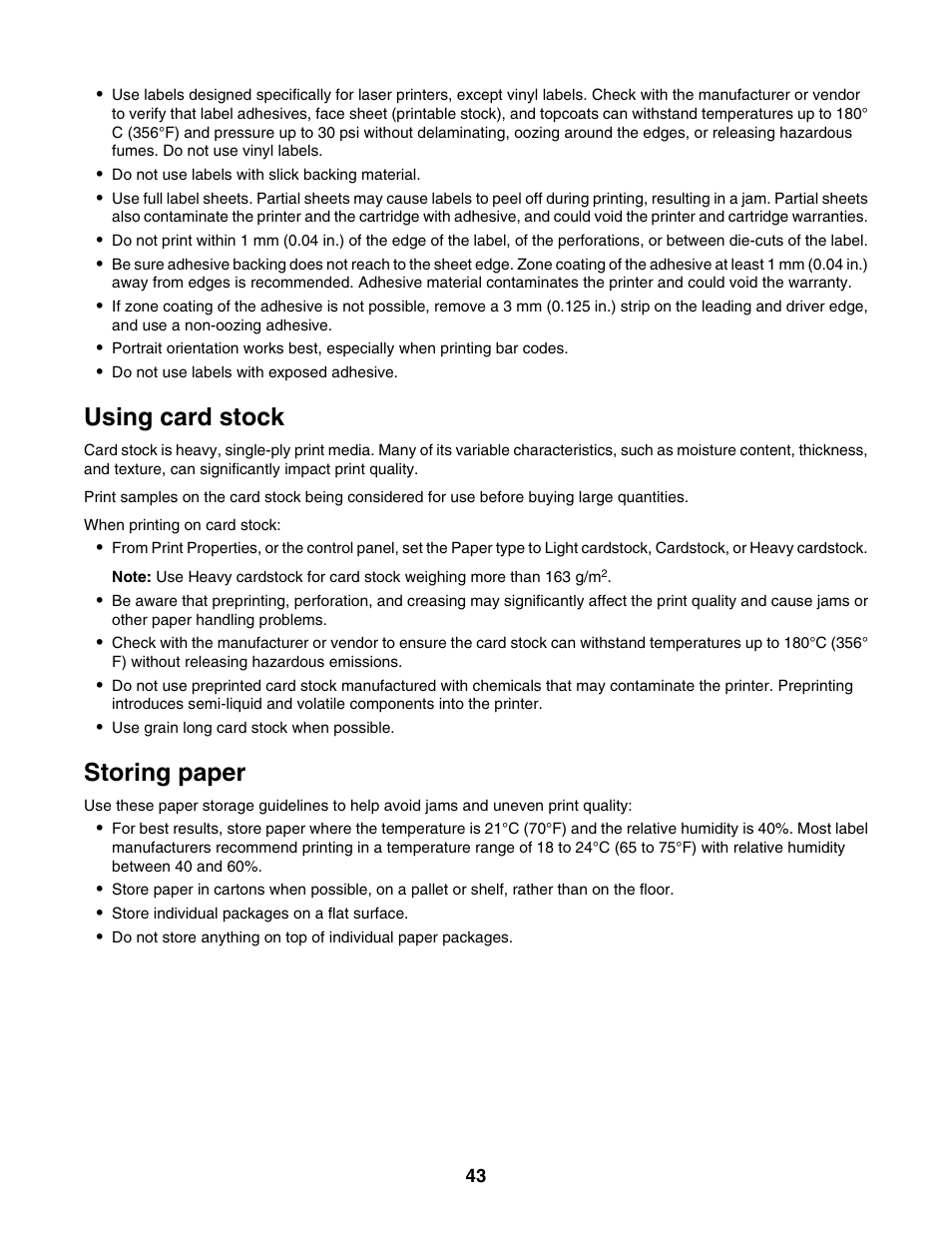 Using card stock, Storing paper | Lexmark X500N User Manual | Page 43 / 150