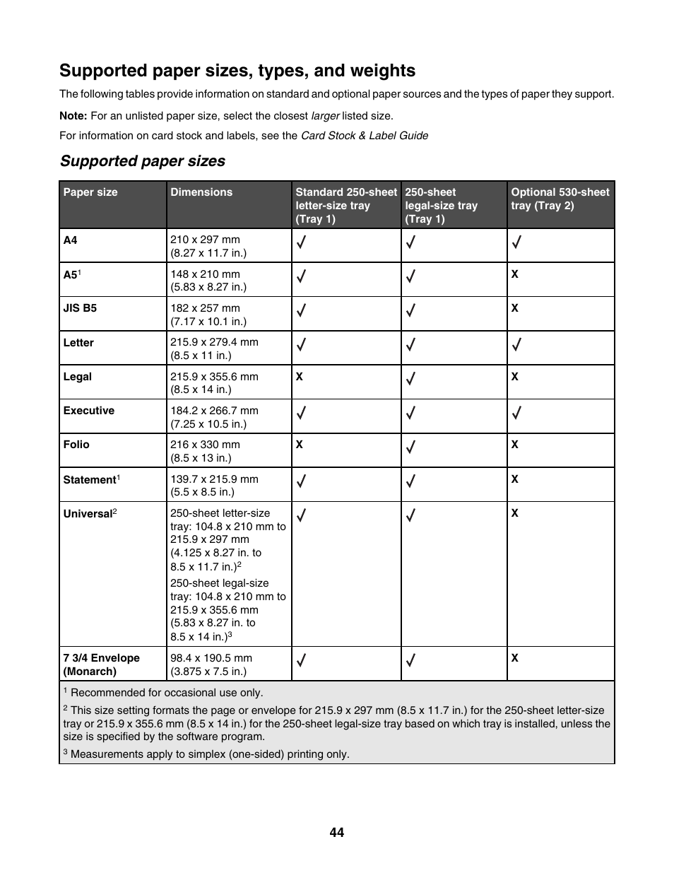 Supported paper sizes, types, and weights, Supported paper sizes | Lexmark X500N User Manual | Page 44 / 150