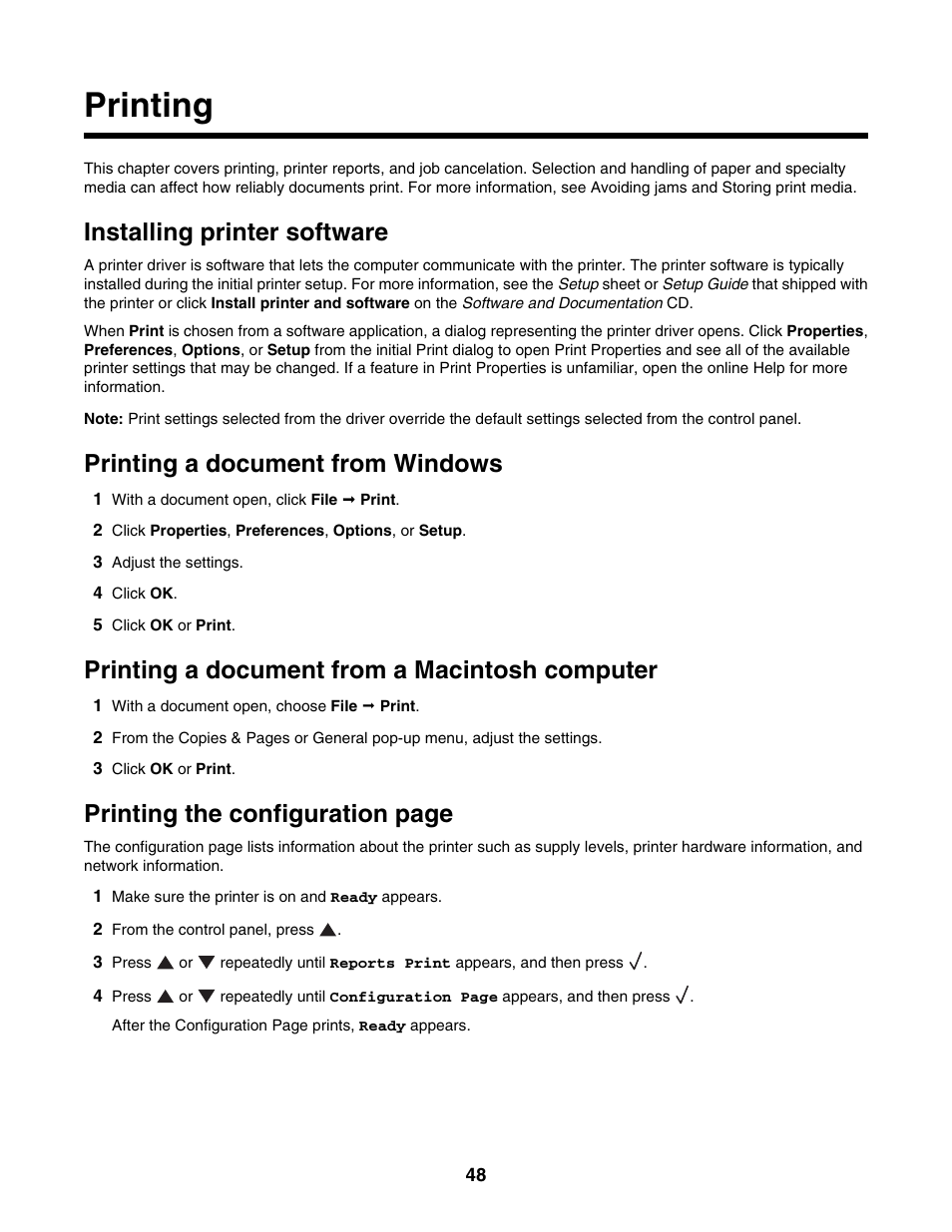 Printing, Installing printer software, Printing a document from windows | Printing a document from a macintosh computer, Printing the configuration page | Lexmark X500N User Manual | Page 48 / 150