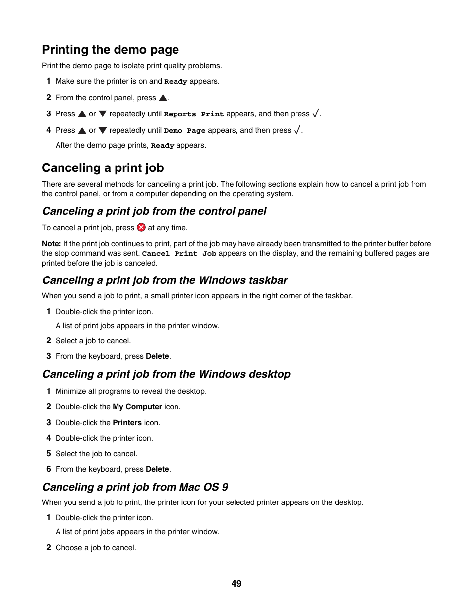Canceling a print job, Canceling a print job from the control panel, Canceling a print job from the windows taskbar | Canceling a print job from the windows desktop, Canceling a print job from mac os 9, Printing the demo page | Lexmark X500N User Manual | Page 49 / 150