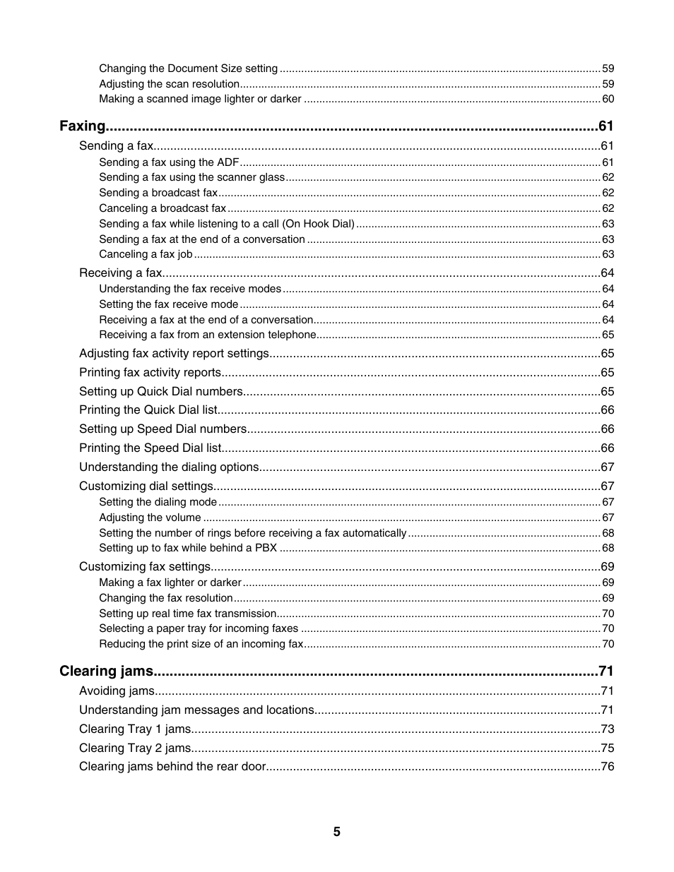 Faxing, Clearing jams | Lexmark X500N User Manual | Page 5 / 150