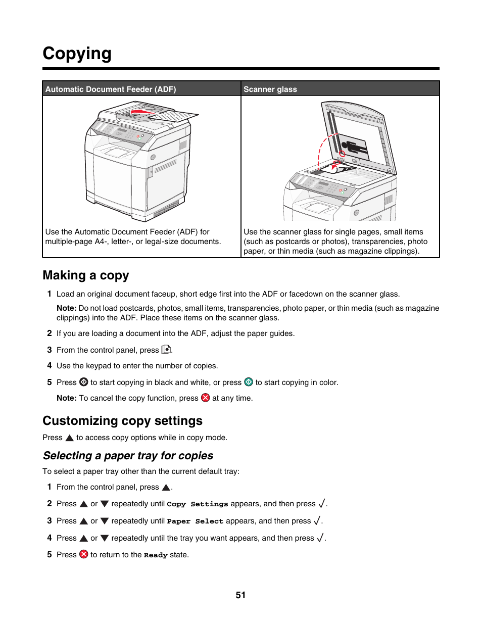 Copying, Making a copy, Customizing copy settings | Selecting a paper tray for copies | Lexmark X500N User Manual | Page 51 / 150