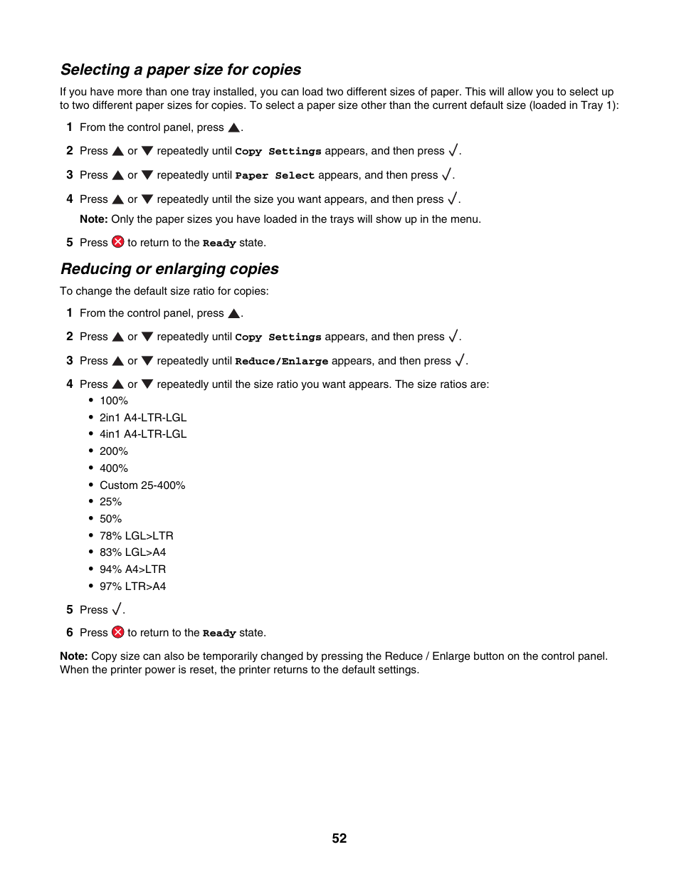 Selecting a paper size for copies, Reducing or enlarging copies | Lexmark X500N User Manual | Page 52 / 150