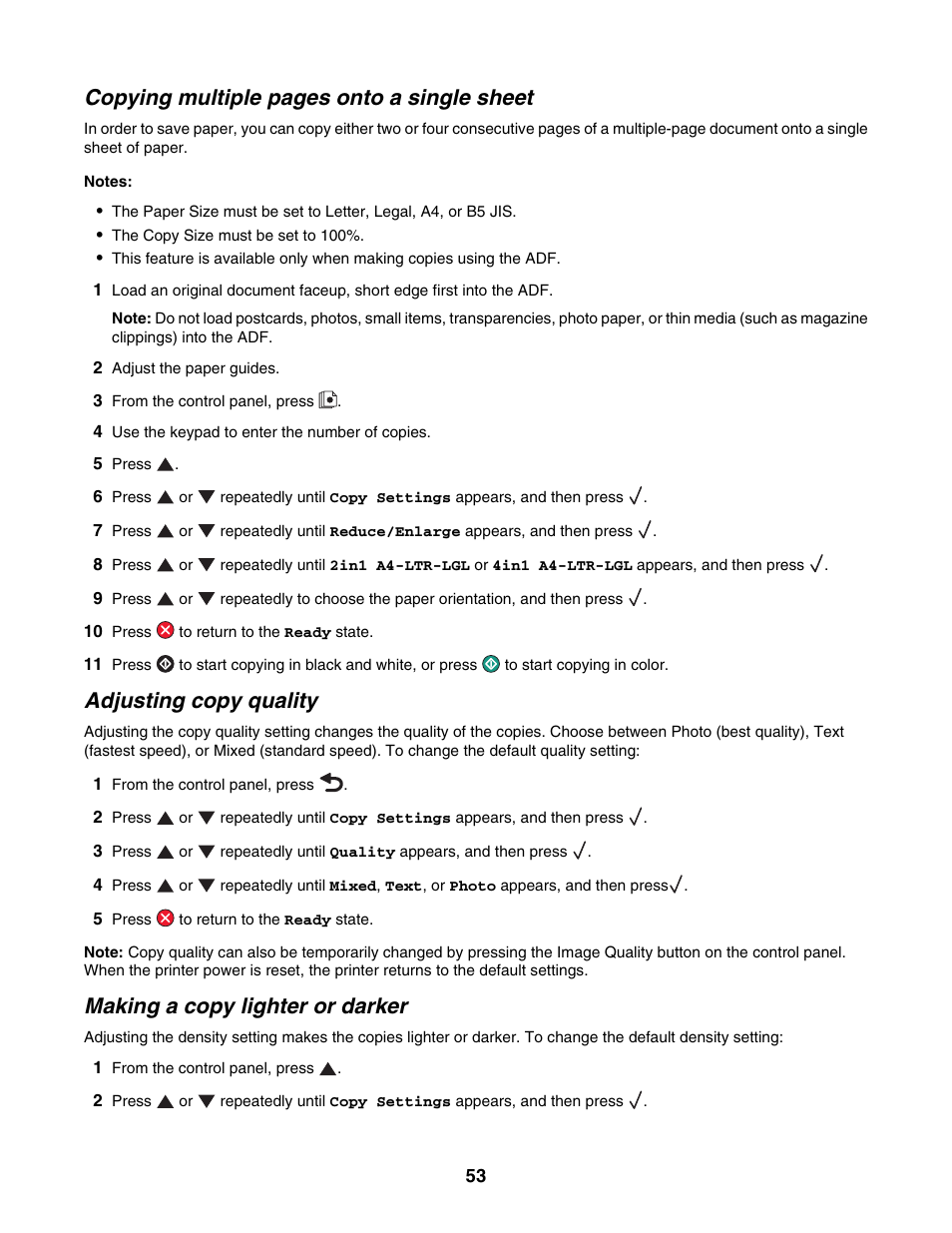 Adjusting copy quality, Making a copy lighter or darker, Copying multiple pages onto a single sheet | Lexmark X500N User Manual | Page 53 / 150