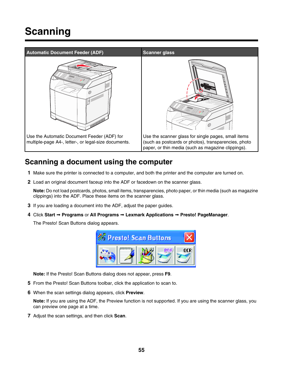 Scanning, Scanning a document using the computer | Lexmark X500N User Manual | Page 55 / 150