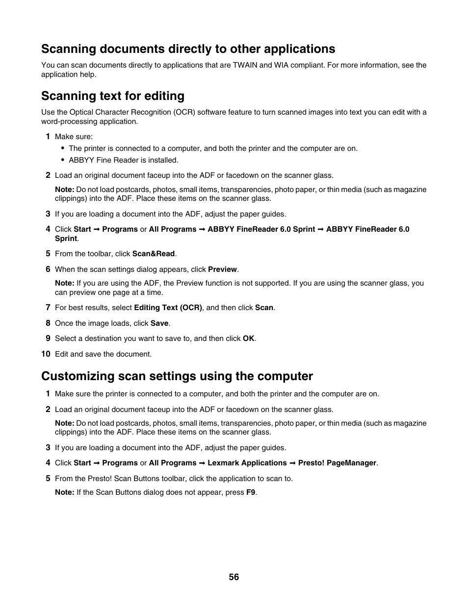 Scanning documents directly to other applications, Scanning text for editing, Customizing scan settings using the computer | Lexmark X500N User Manual | Page 56 / 150