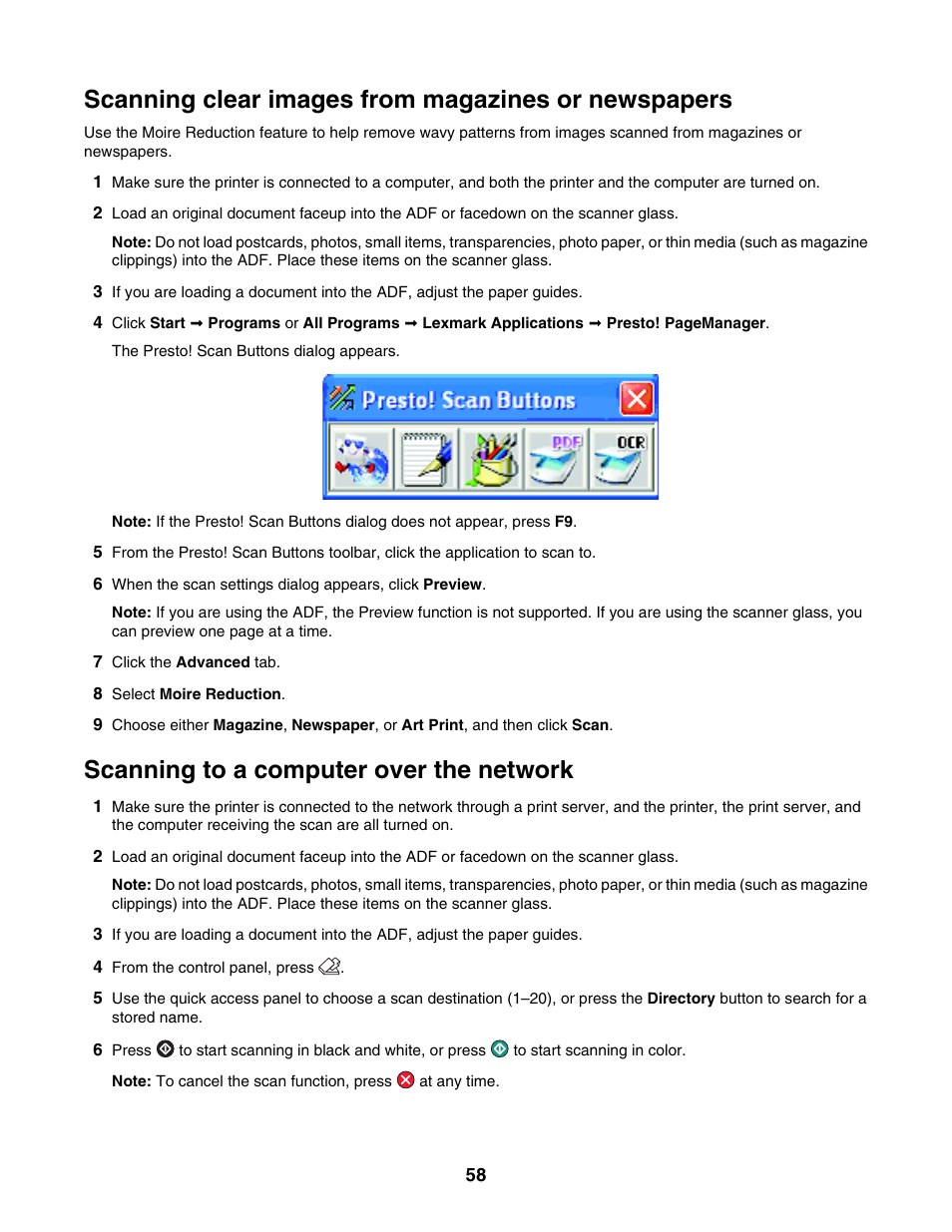 Scanning clear images from magazines or newspapers, Scanning to a computer over the network | Lexmark X500N User Manual | Page 58 / 150