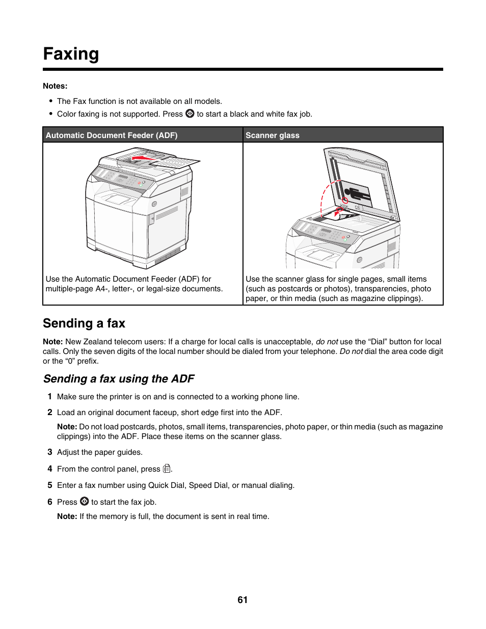 Faxing, Sending a fax, Sending a fax using the adf | Lexmark X500N User Manual | Page 61 / 150