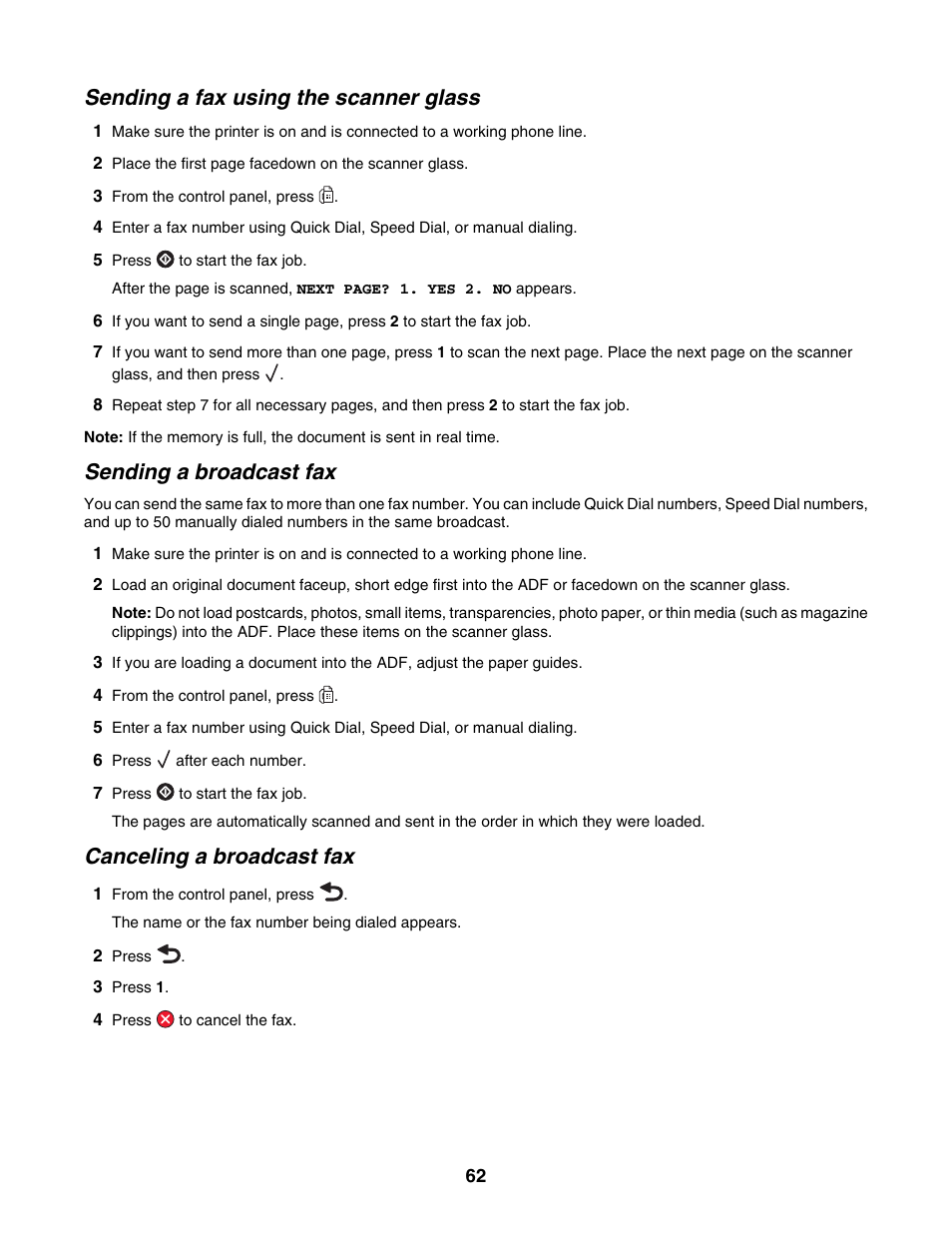 Sending a fax using the scanner glass, Sending a broadcast fax, Canceling a broadcast fax | Lexmark X500N User Manual | Page 62 / 150