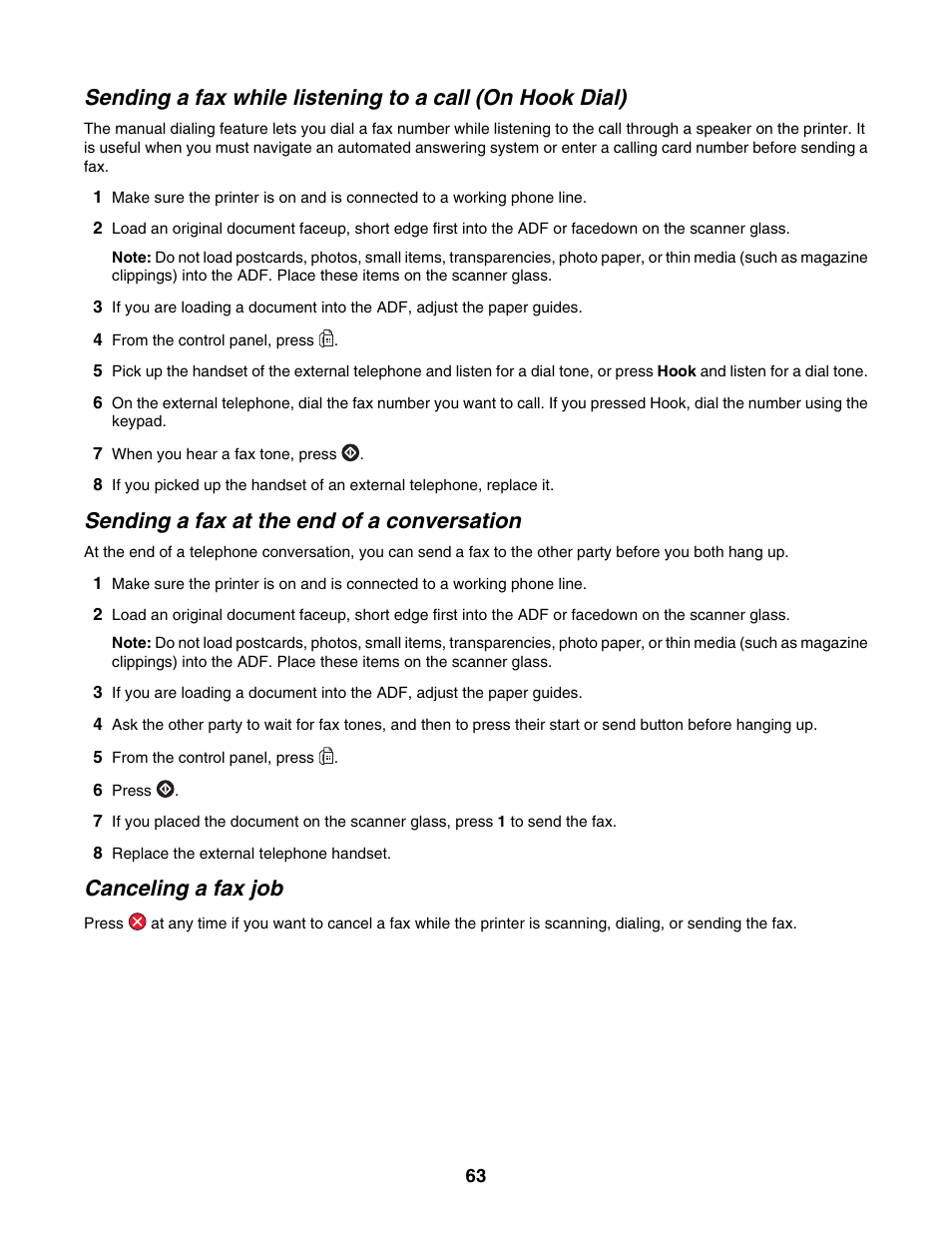 Sending a fax at the end of a conversation, Canceling a fax job | Lexmark X500N User Manual | Page 63 / 150