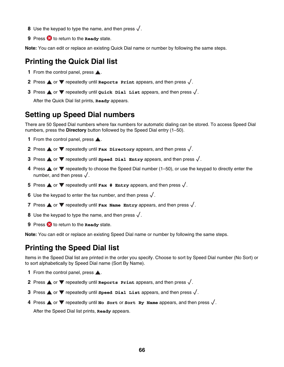 Printing the quick dial list, Setting up speed dial numbers, Printing the speed dial list | Lexmark X500N User Manual | Page 66 / 150