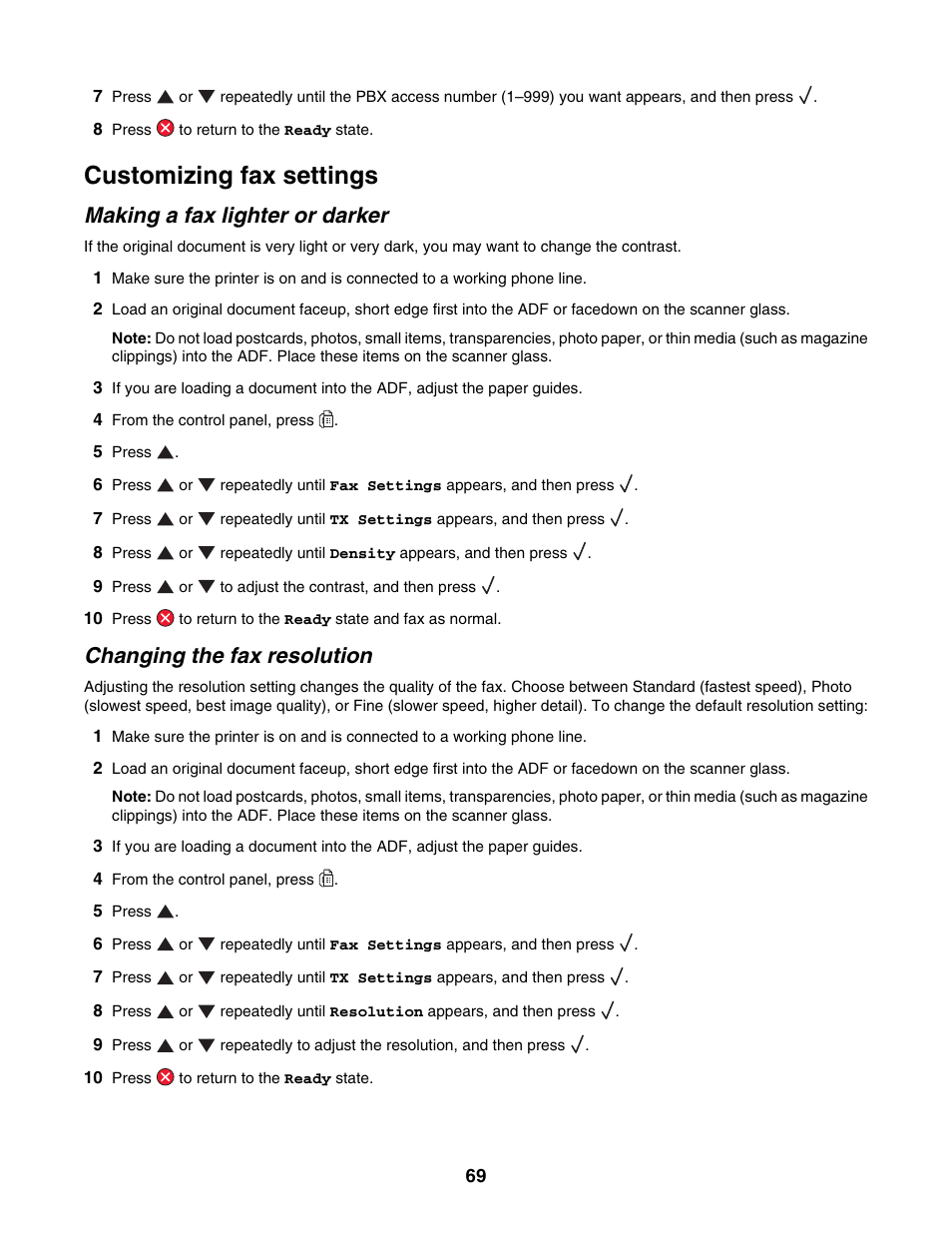Customizing fax settings, Making a fax lighter or darker, Changing the fax resolution | Lexmark X500N User Manual | Page 69 / 150