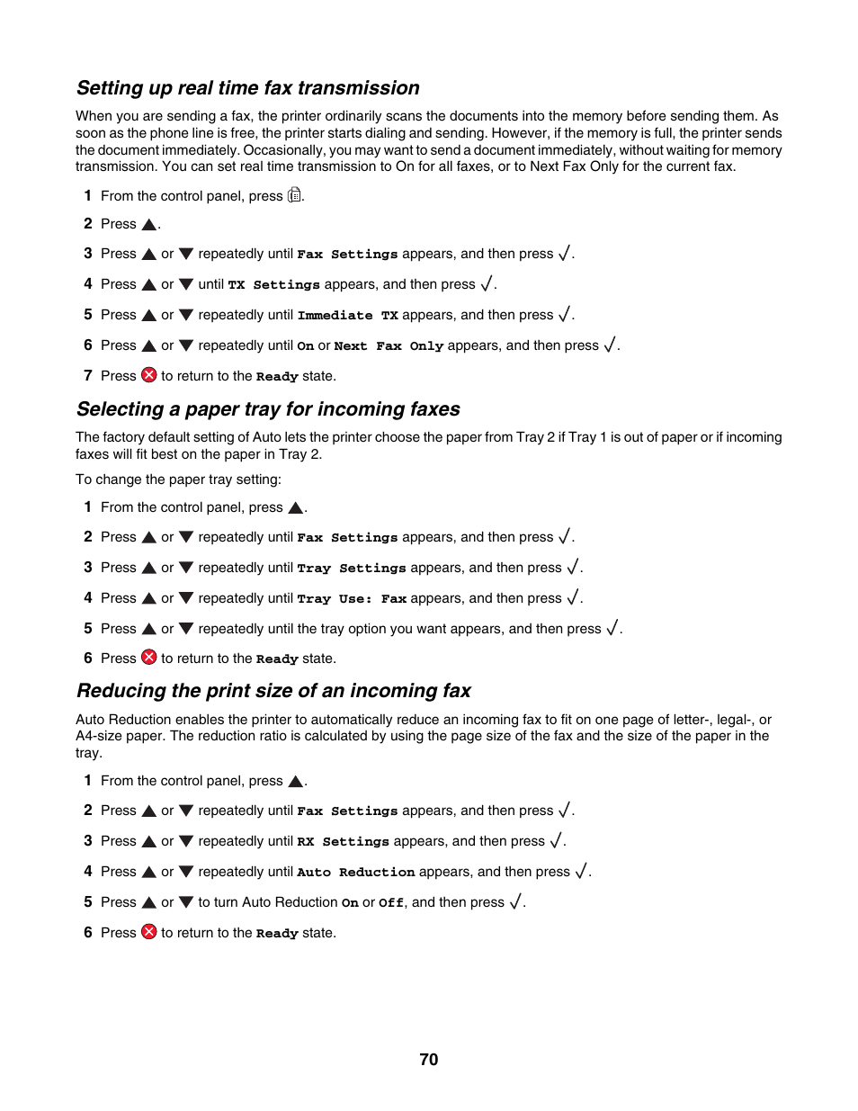 Setting up real time fax transmission, Selecting a paper tray for incoming faxes, Reducing the print size of an incoming fax | Lexmark X500N User Manual | Page 70 / 150