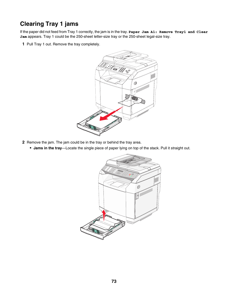 Clearing tray 1 jams | Lexmark X500N User Manual | Page 73 / 150