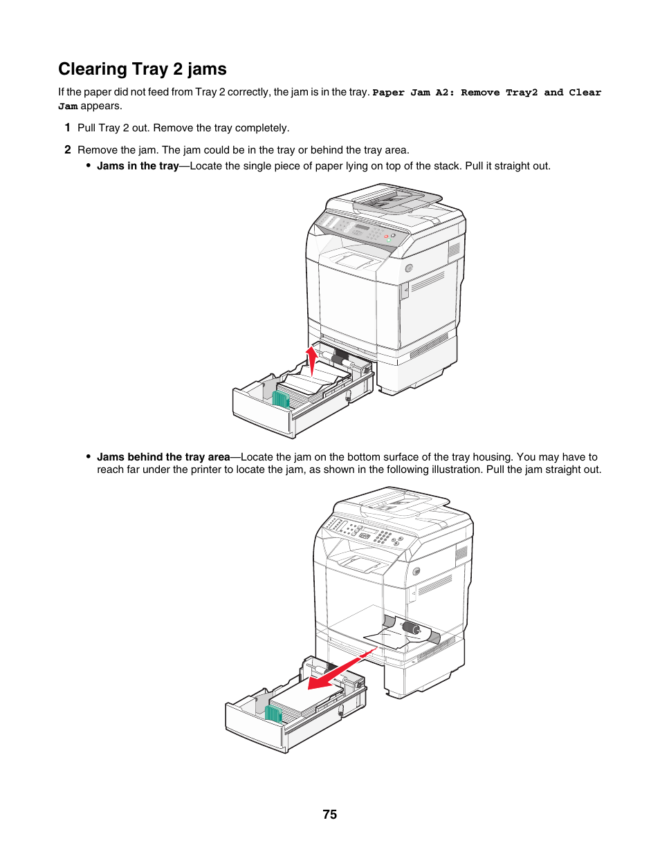 Clearing tray 2 jams | Lexmark X500N User Manual | Page 75 / 150