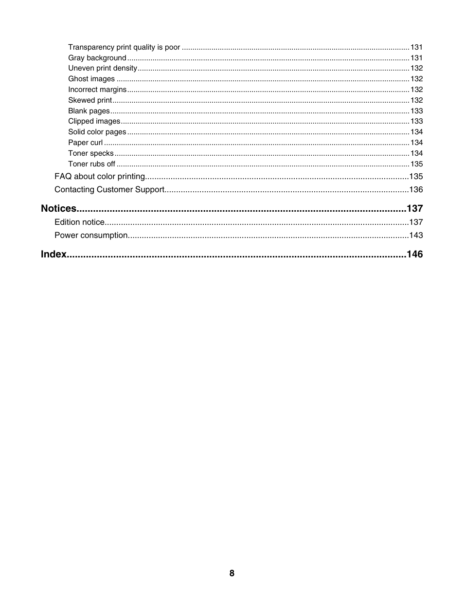 Notices, Index | Lexmark X500N User Manual | Page 8 / 150