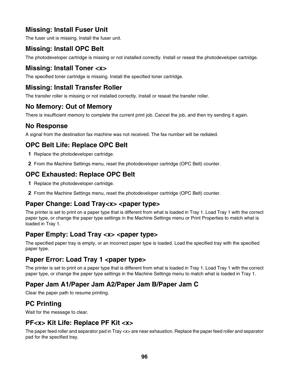 Missing: install fuser unit, Missing: install opc belt, Missing: install toner <x | Missing: install transfer roller, No memory: out of memory, No response, Opc belt life: replace opc belt, Opc exhausted: replace opc belt, Paper change: load tray<x> <paper type, Paper empty: load tray <x> <paper type | Lexmark X500N User Manual | Page 96 / 150