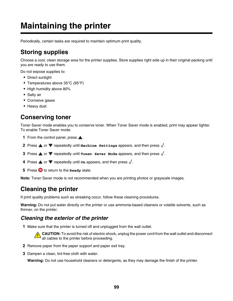 Maintaining the printer, Storing supplies, Conserving toner | Cleaning the printer, Cleaning the exterior of the printer | Lexmark X500N User Manual | Page 99 / 150