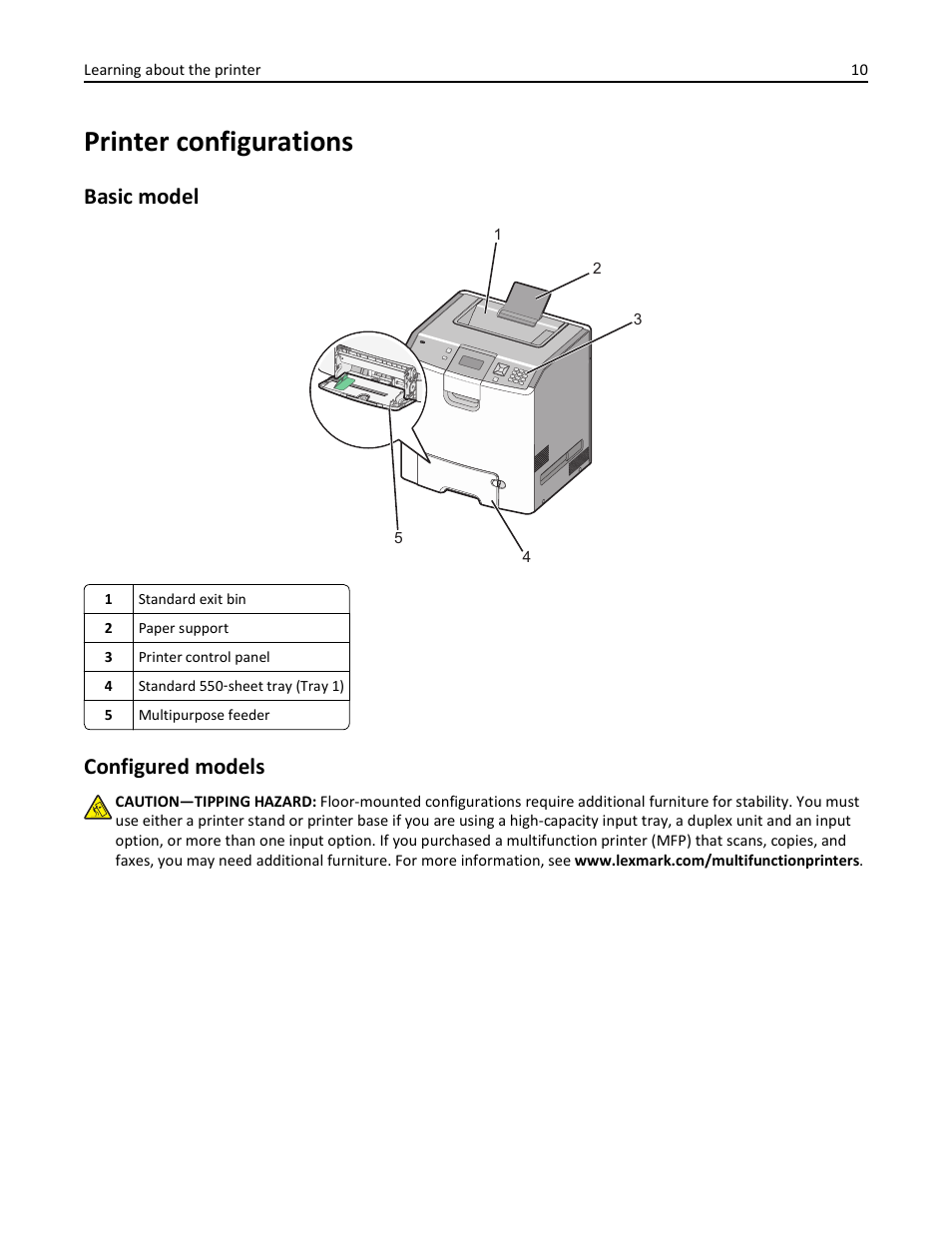 Printer configurations, Basic model, Configured models | Lexmark 410 User Manual | Page 10 / 213