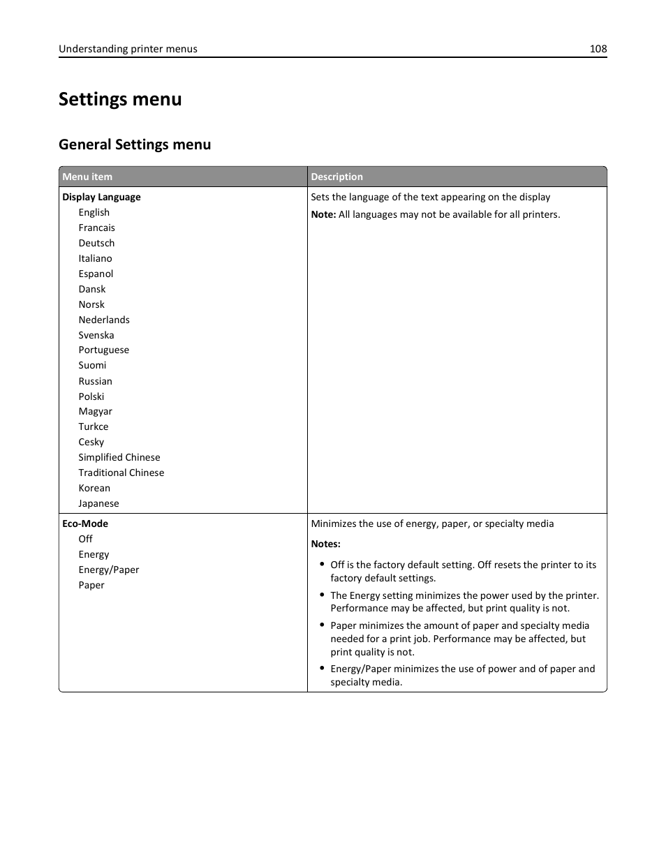 Settings menu, General settings menu | Lexmark 410 User Manual | Page 108 / 213