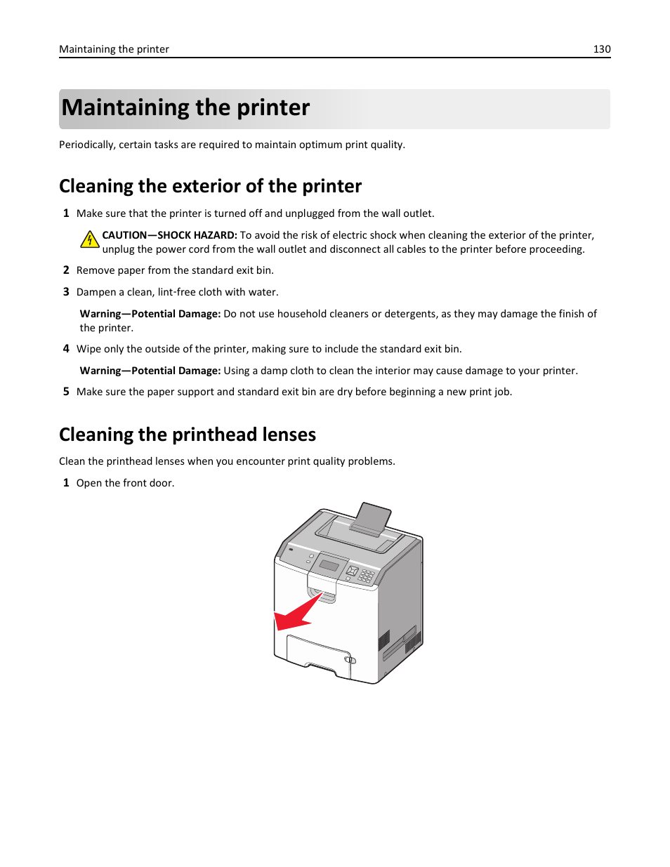 Maintaining the printer, Cleaning the exterior of the printer, Cleaning the printhead lenses | Lexmark 410 User Manual | Page 130 / 213
