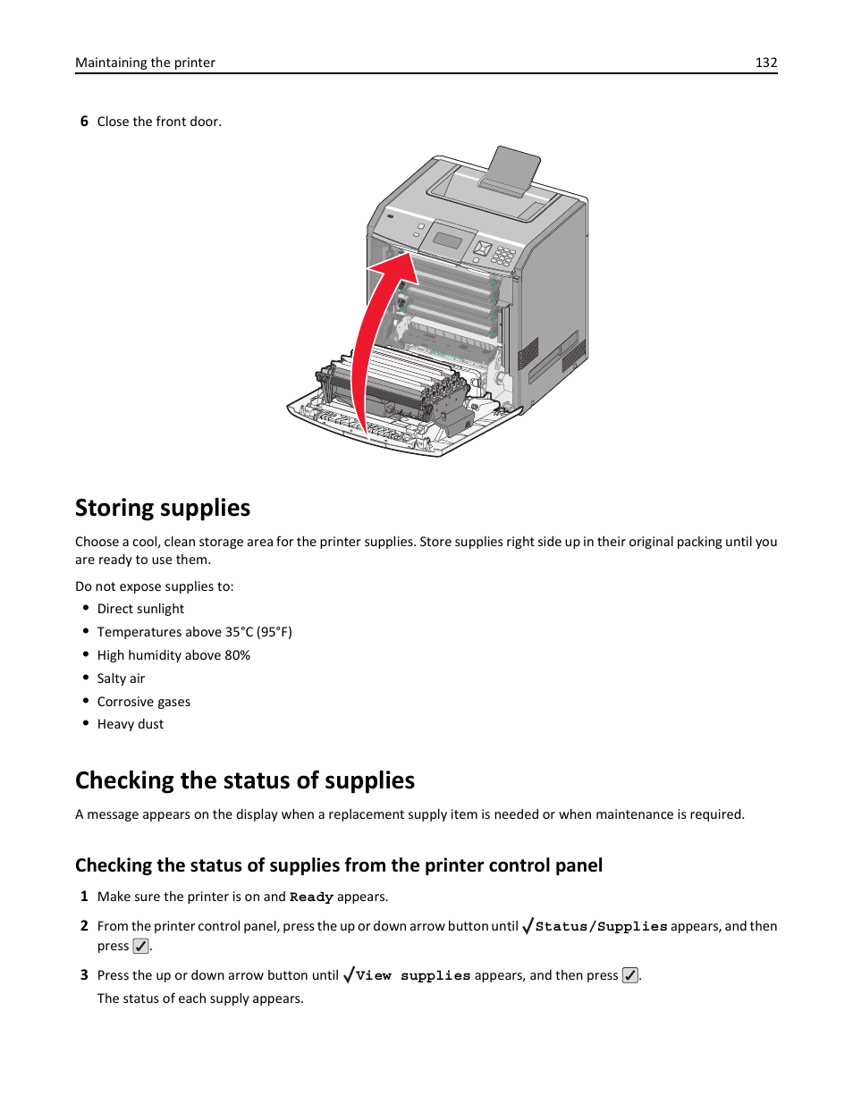 Storing supplies, Checking the status of supplies | Lexmark 410 User Manual | Page 132 / 213