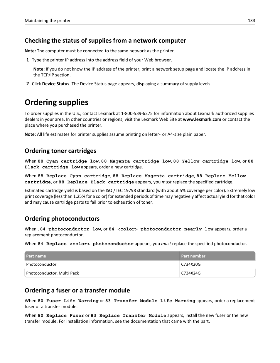 Ordering supplies, Ordering toner cartridges, Ordering photoconductors | Ordering a fuser or a transfer module | Lexmark 410 User Manual | Page 133 / 213