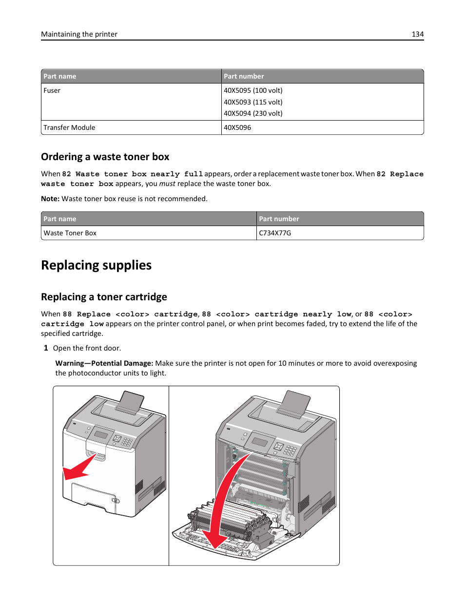 Ordering a waste toner box, Replacing supplies, Replacing a toner cartridge | Lexmark 410 User Manual | Page 134 / 213