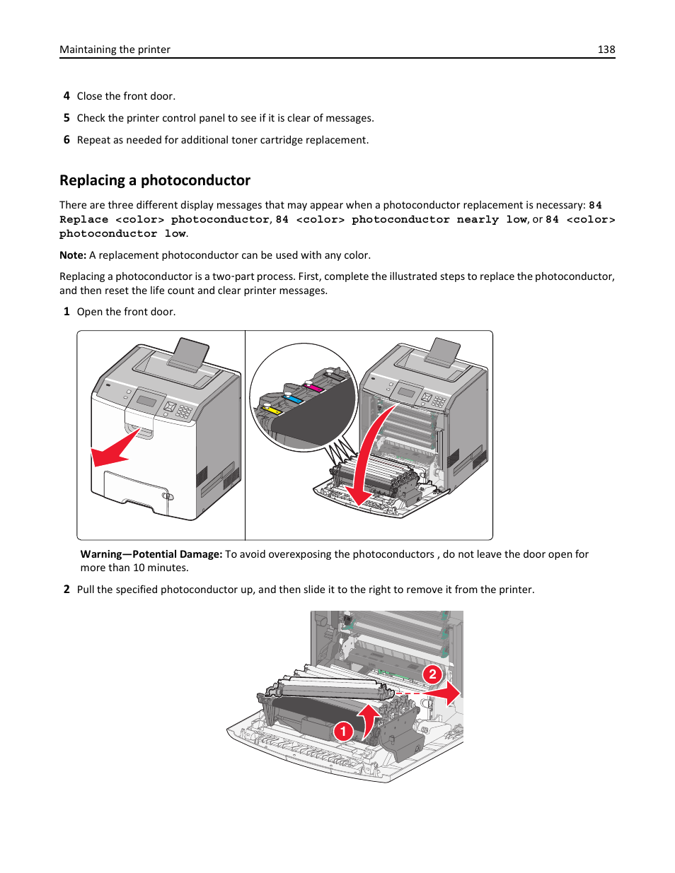 Replacing a photoconductor | Lexmark 410 User Manual | Page 138 / 213