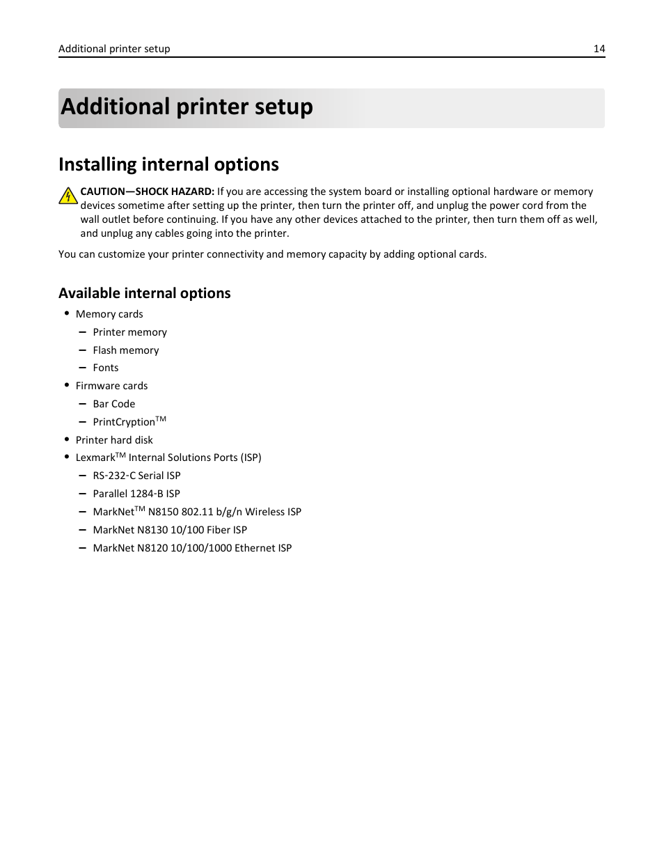 Additional printer setup, Installing internal options, Available internal options | Lexmark 410 User Manual | Page 14 / 213