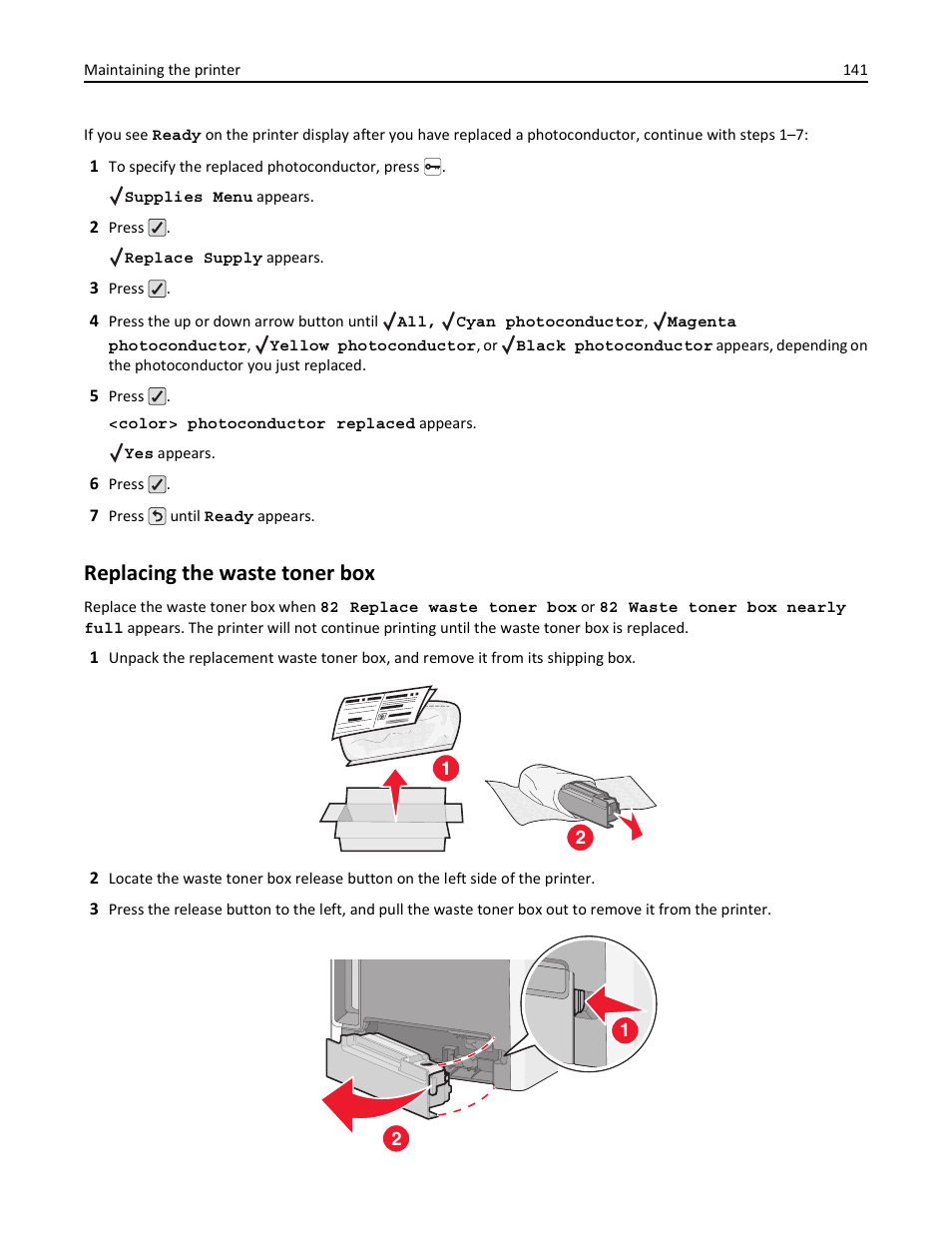 Replacing the waste toner box | Lexmark 410 User Manual | Page 141 / 213