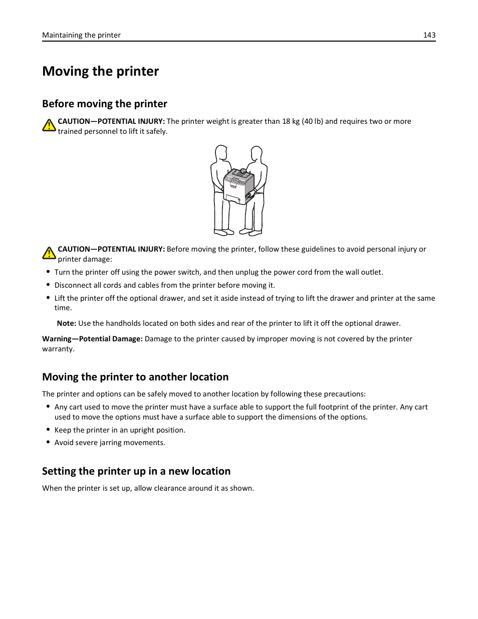 Moving the printer, Before moving the printer, Moving the printer to another location | Setting the printer up in a new location | Lexmark 410 User Manual | Page 143 / 213