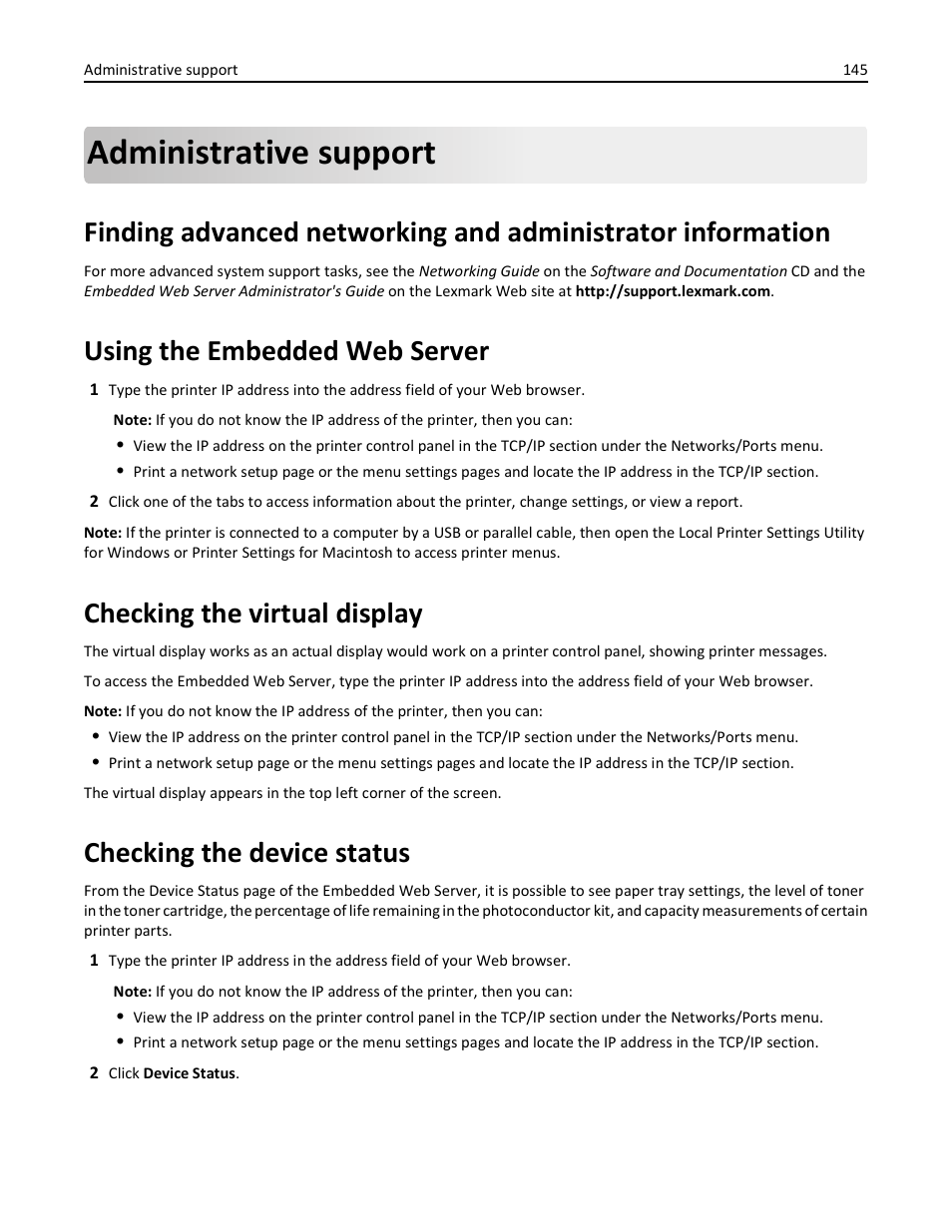 Administrative support, Using the embedded web server, Checking the virtual display | Checking the device status | Lexmark 410 User Manual | Page 145 / 213