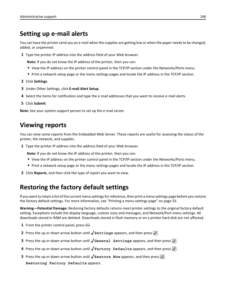 Setting up e-mail alerts, Viewing reports, Restoring the factory default settings | Setting up e, Mail alerts, Setting up e ‑ mail alerts | Lexmark 410 User Manual | Page 146 / 213