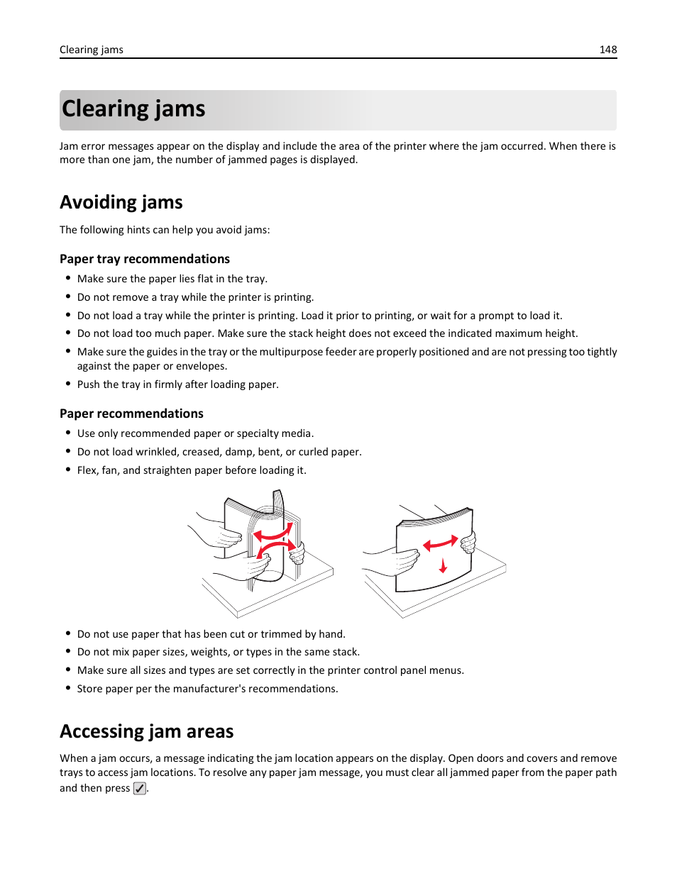 Clearing jams, Avoiding jams, Accessing jam areas | Lexmark 410 User Manual | Page 148 / 213