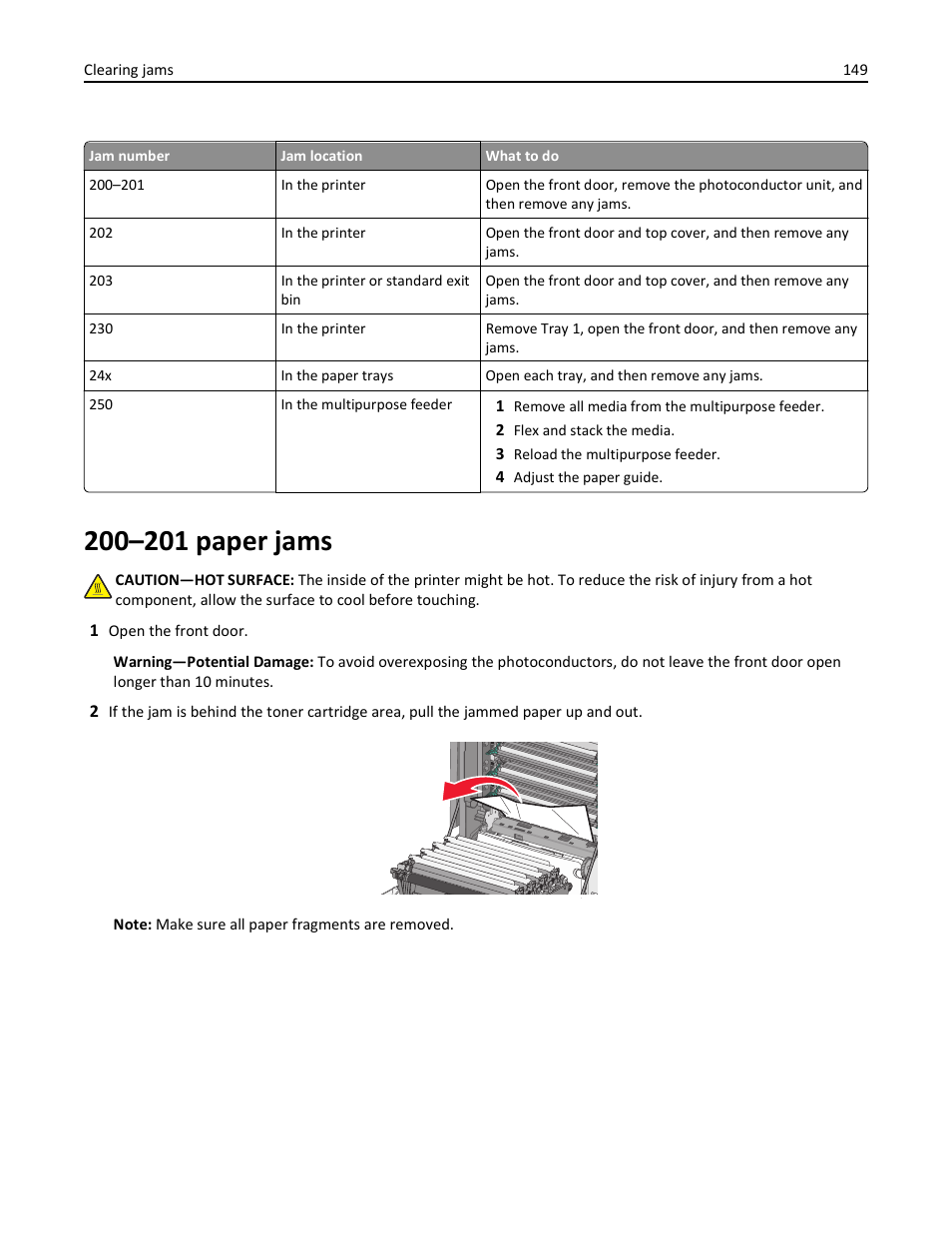 200–201 paper jams | Lexmark 410 User Manual | Page 149 / 213
