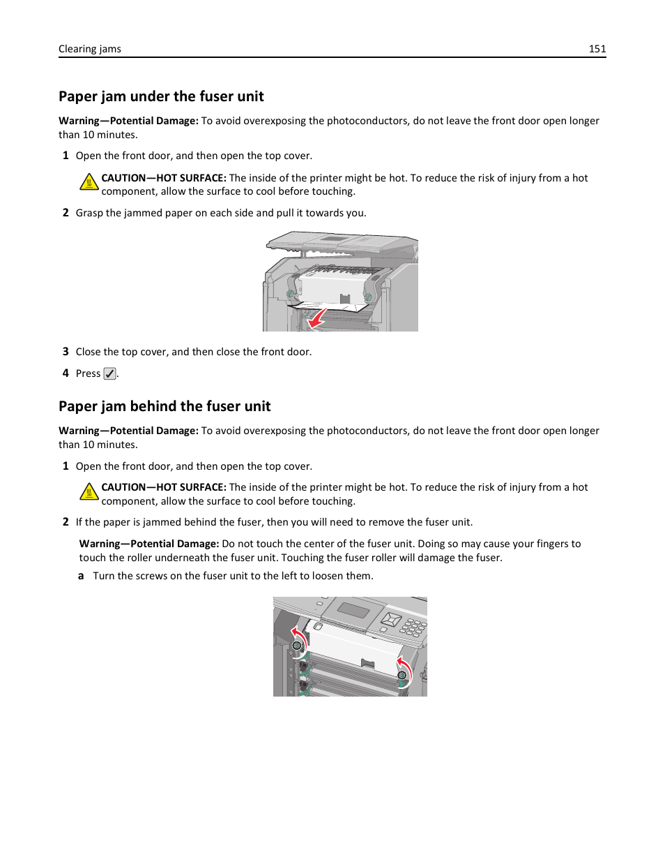 Paper jam under the fuser unit, Paper jam behind the fuser unit | Lexmark 410 User Manual | Page 151 / 213