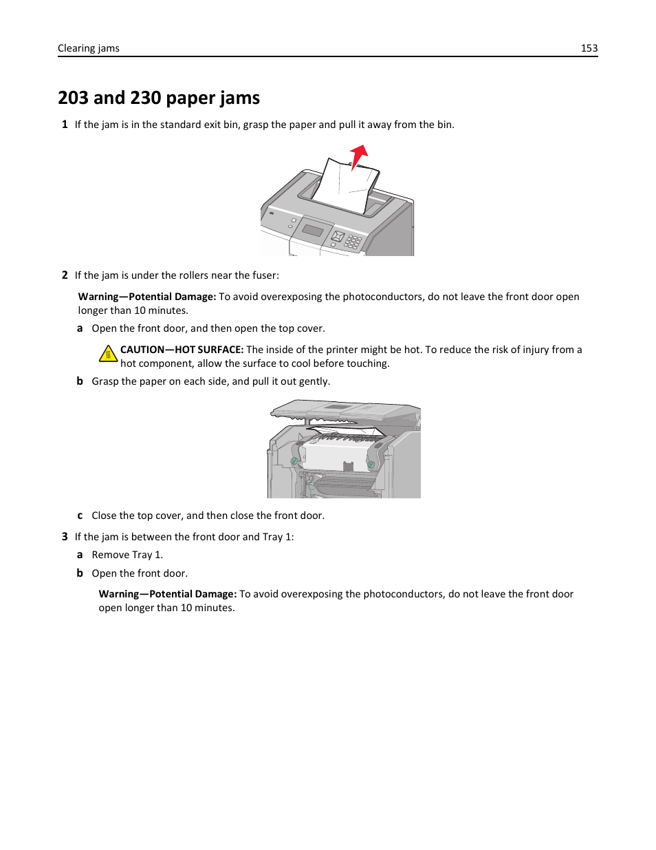 203 and 230 paper jams | Lexmark 410 User Manual | Page 153 / 213