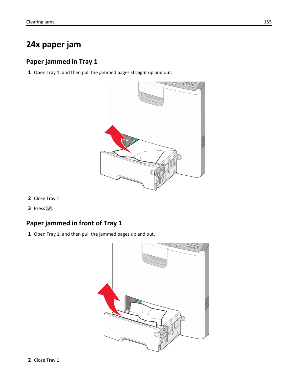 24x paper jam, Paper jammed in tray 1, Paper jammed in front of tray 1 | Lexmark 410 User Manual | Page 155 / 213