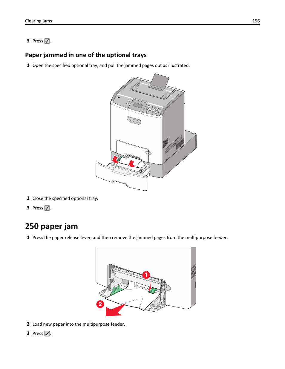 250 paper jam, Paper jammed in one of the optional trays | Lexmark 410 User Manual | Page 156 / 213