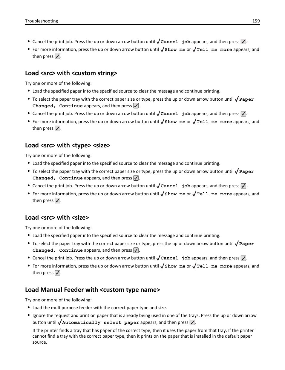 Load <src> with <custom string, Load <src> with <type> <size, Load <src> with <size | Load manual feeder with <custom type name | Lexmark 410 User Manual | Page 159 / 213