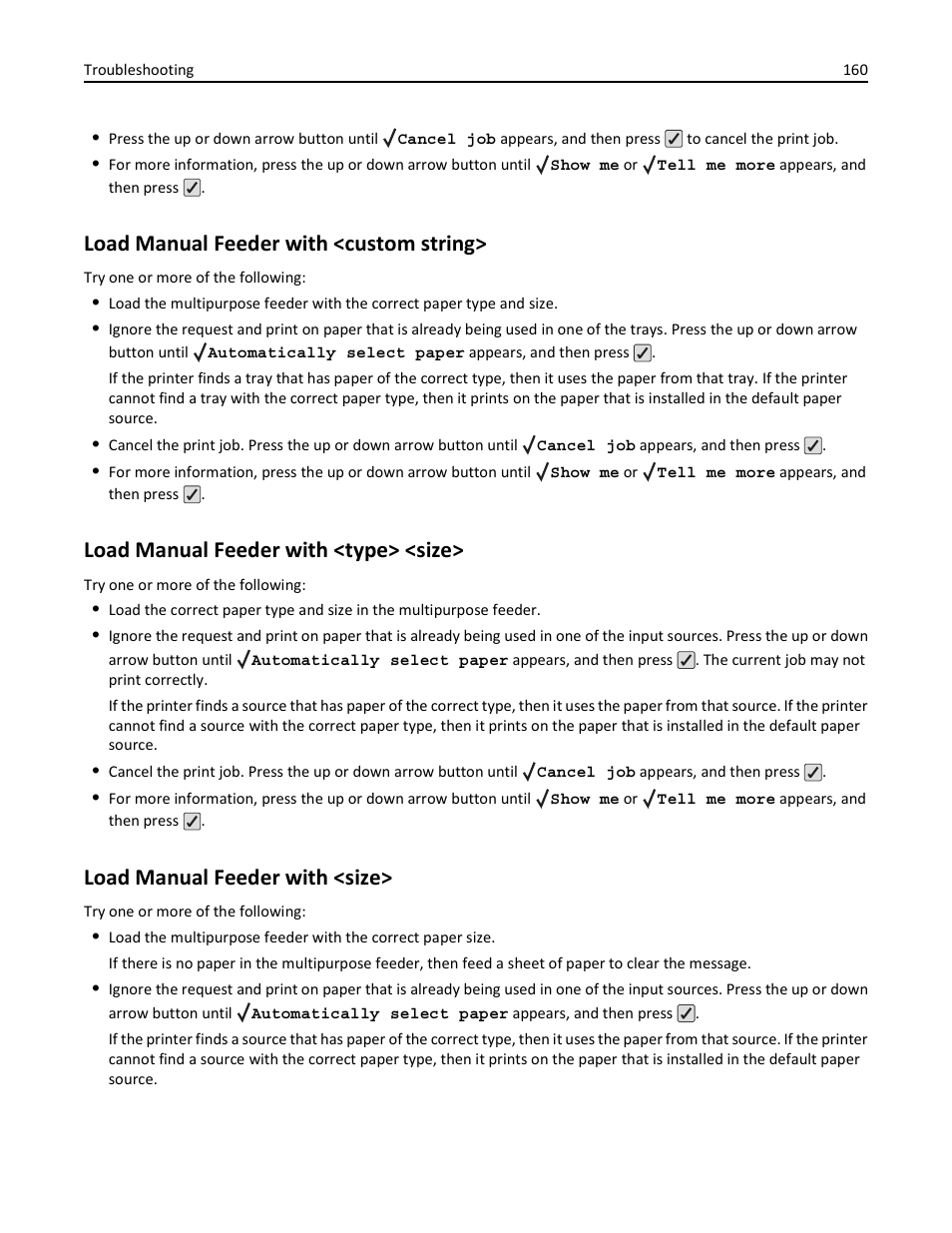 Load manual feeder with <custom string, Load manual feeder with <type> <size, Load manual feeder with <size | Lexmark 410 User Manual | Page 160 / 213